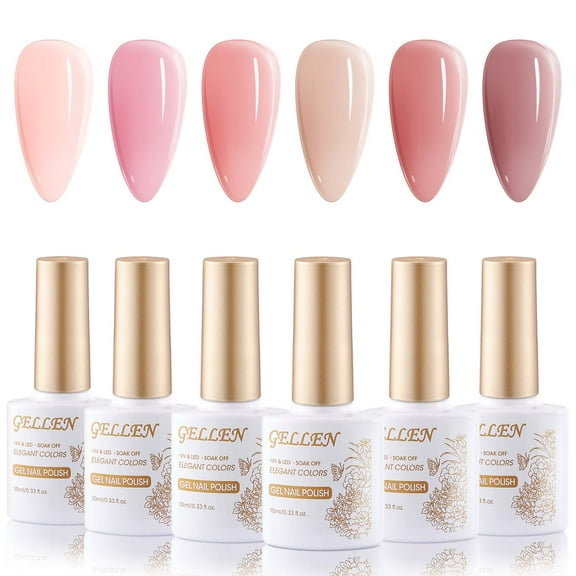 Gellen Jelly Gel Nail Polish Kit, 6 Transparent Nude Pink Colors Gel Polish Set, Soak Off UV Lamp Cure Nail Polish Kit, Nail Art DIY Manicure Gift for Women