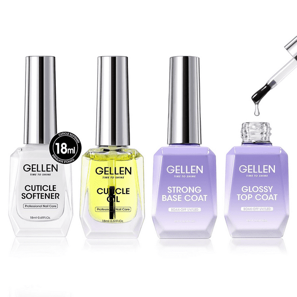 Gellen Nail Cuticle Oil & Softener, 4 Pcs 18ml Nail Care Kit with Gel Top Coat, Base Coat Gel Polish, Cuticle Softener & Cuticle Oil for Nails, Gel Nail Polish Kit for Nail Salon Home Use