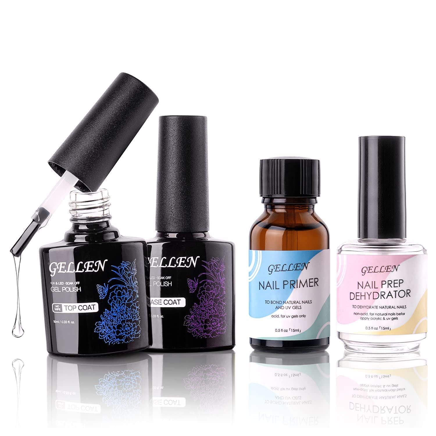 Gellen Nail Prep Dehydrator, Primer, Top & Base Coats Kit for Acrylic & Gel Polish