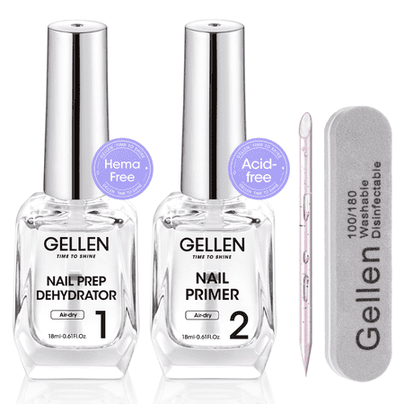 Gellen Nail Dehydrator and Primer Set, 18ML Hema-free Air Dry Nails Prep Dehydrate & Acid-free Bond Primer System Kit for Long Lasting Gel Nail Polish Acrylic Press-ons Nail Art Supplies