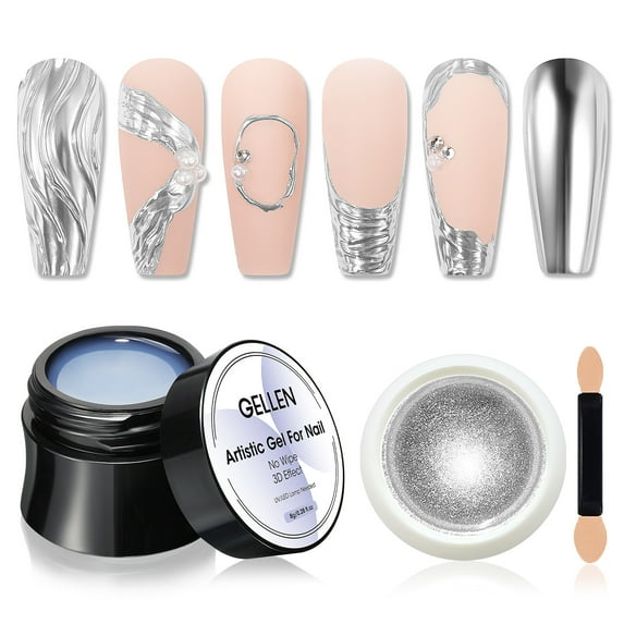 Gellen 3D Sculpting Gel, Sculpture Gel with Silver Chrome Powder, As Nail Rhinestone Glue Artistic Gel for Nail Art, No Wipe Soak off UV Molding Gel, 0.27 Fl.oz