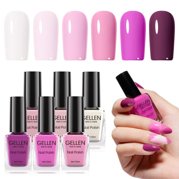 Gellen Nail Polish, Quick Air Dry 6 Colors Nail Lacquer Set Lavender Purple Trendy Nail Polish Kit for Nail Manicure DIY Art Home, No UV Light Needed, 0.33 oz Each Bottle