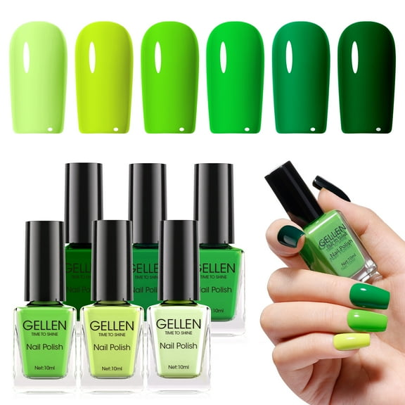 Gellen Nail Polish, Quick Air Dry 6 Colors Nail Lacquer Set Summer Emerald Green Trendy Nail Polish Kit for Nail Manicure DIY Art Home, No UV Light Needed, 0.33 oz Each Bottle