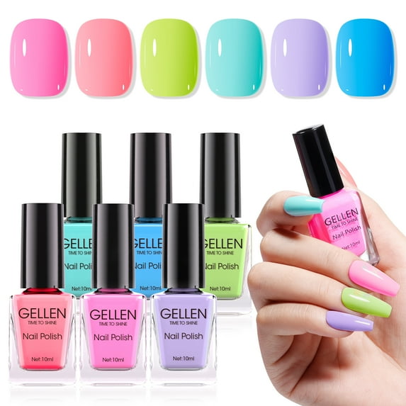 Gellen Nail Polish, Quick Air Dry 6 Colors Nail Lacquer Set Neon Colorful Nail Polish Set for Nail Manicure DIY Art Home, No UV Light Needed, 0.33 Fl.oz