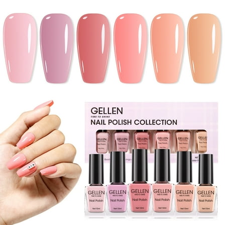 Gellen Nail Polish, Quick Air Dry 6Colors Nail Lacquer Set Nude Purple Pink Trendy Nail Polish Kit for Nail Manicure DIY Art Home, No UV Light Needed, 0.33 oz