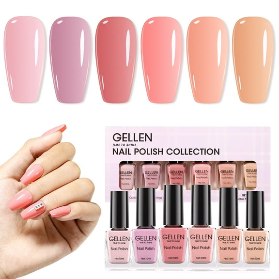 Gellen Nail Polish, Quick Air Dry 6Colors Nail Lacquer Set Nude Purple Pink Trendy Nail Polish Kit for Nail Manicure DIY Art Home, No UV Light Needed, 0.33 oz