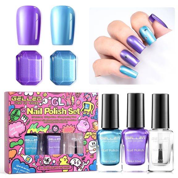 Gellen Nail Polish, Quick Dry 2 Colors Metallic Purple Blue & Base Top Strengthener 3-in-1 Nail Polish Set Xmas Halloween Nail Lacquer Set, Gift for Women Home Nail Art, No UV Lamp Needed, 0.33 Fl.oz