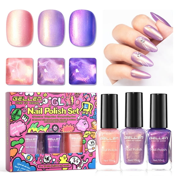 Gellen Nail Polish, Quick Dry 3 Colors Shining Purple Dark Purple Pink Nail Polish Set Xmas Halloween Nail Lacquer Set, Gift for Women Home Nail Art, No UV Light Needed, 0.33 Fl.oz