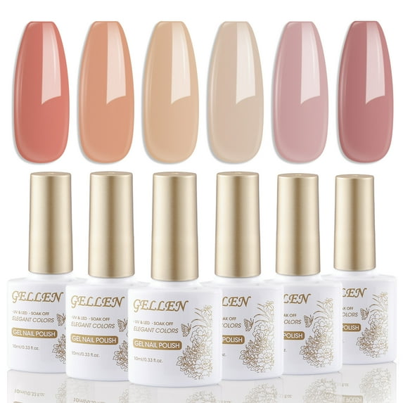 Gellen Nude Gel Nail Polish, 6 Colors Nude Warm Gel Polish Set, No Wipe Soak Off Glossy UV Gel for Women DIY Nail Art Salon Manicure, 10ml/0.33oz