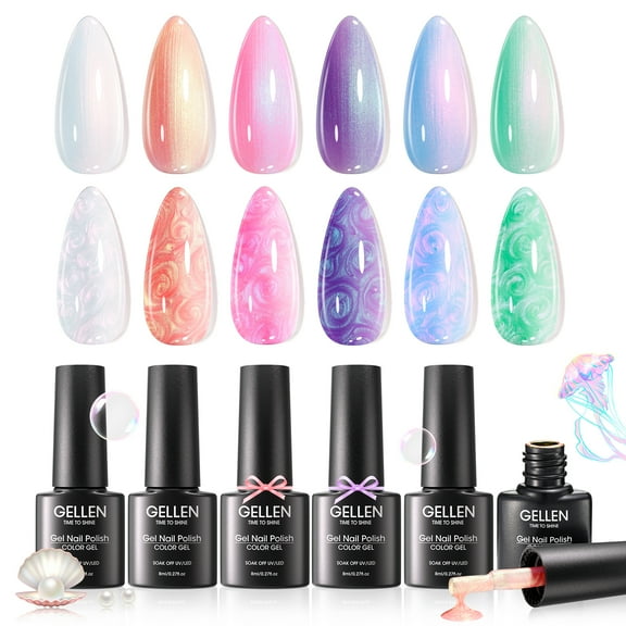 Gellen Pearl Gel Nail Polish, 6 Colors Glitter White Pink Purple Blue Yellow Green Pearl Shimmer Mermaid Gel Polish Set Pearlescent Shell Nail Gel Kit Swirl Thread Effect Nail Drawing Gel