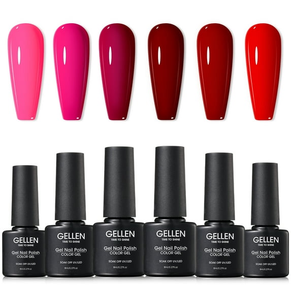 Gellen Pink Gel Nail Polish, 6 Colors Dark Pink Hot Pink Wine Pink Gel Polish Set Blood Red Bright Red Soak off Nail Gel Kit for Nail Art Home DIY Manicure