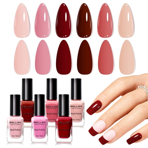 Gellen Quick Dry Nail Polish, 6Colors Nude & Burgundy Romantic Collection Regular Nail Polish Set No UV Light Needed for Finger Toe & Fake Nails Home Salon DIY Nail Art