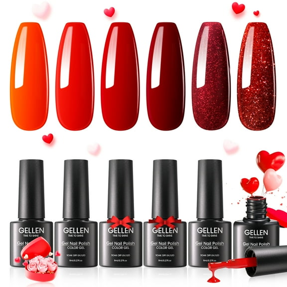 Gellen Red Gel Nail Polish, 6 Colors Red Burgundy Gel Polish Set Glitter Red Soak off Nail Gel Kit for Nail Art Home DIY Manicure