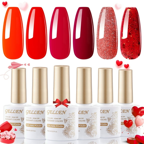 Gellen Red Gel Nail Polish, 6 Colors Winter Christmas Burgundy Red Bloody Red Glitter Gel Polish Set, Soak Off Glossy UV Gel for Women DIY Nail Art Salon Manicure, 10ml/0.33oz