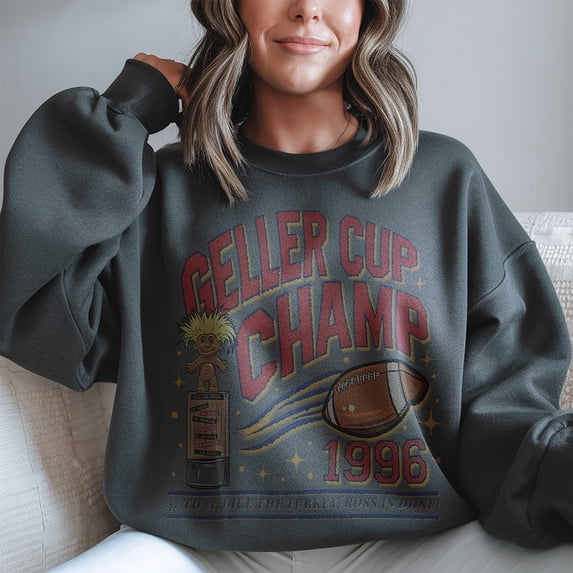 Geller Cup Champ 1996 Sweatshirt, Retro Football Graphic Pullover, Vintage Crewneck for Friends Fans, Fun Winter Apparel