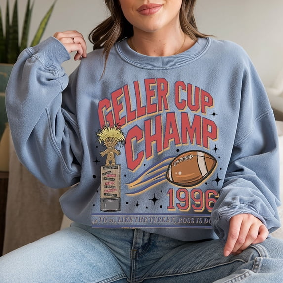 Geller Cup Champ 1996 Sweatshirt, Retro Football Graphic Pullover, Vintage Crewneck for Friends Fans, Fun Winter Apparel