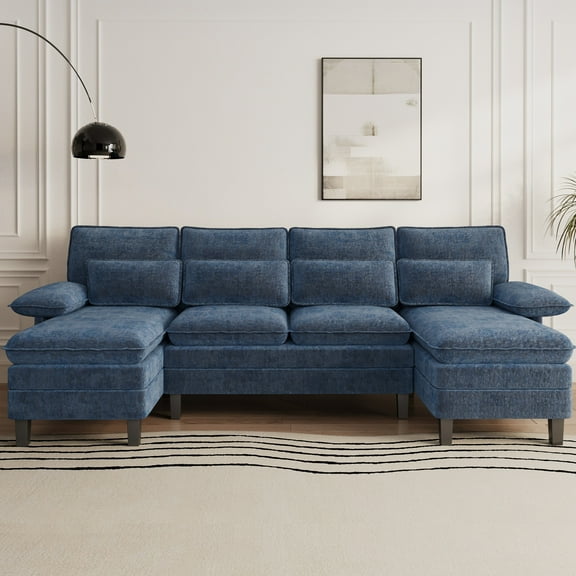 Gelloan 104.72" U Shaped Couch, 4 Seat Sectional with 4 Throw Pillows, High Dense Memory Foam with Double Chaise Lounge &Living Room Couch,Blue Grey