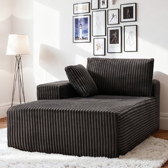 Gelloan Indoor Chaise Lounge Chair with Armrest, Modern Upholstered Boneless Sofa with Soft Pillows and Deep Seat, for bedroom,Gray with Left Armrest