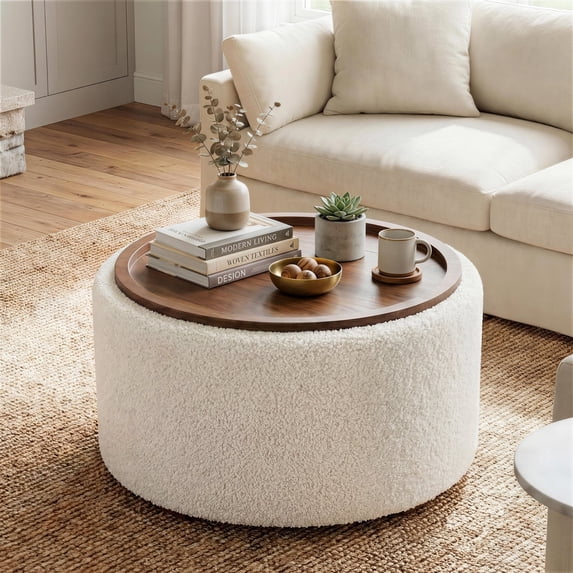 Gelloan 28" Round Storage Ottoman Coffee Table, Modern Boucle Ottoman with Lift-Off Lid and Solid Wood Legs for Living Room, Bedroom, Corners, Apartments,Boucle White