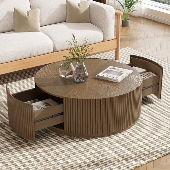 Gelloan 31.5" Round Coffee Table with Two Drawers,Circle Coffee Table Space-Saving Multiple Purpose for Living Room,Dining Room and Home,Brown
