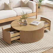 Gelloan 31.5 Round Coffee Table with Two Drawers Circle Coffee Table Space-Saving Multiple Purpose for Living Room Dining Room and Home,Natural