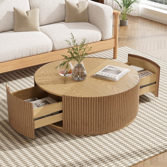 Gelloan 31.5" Round Coffee Table with Two Drawers，Circle Coffee Table Space-Saving Multiple Purpose for Living Room，Dining Room and Home,Natural