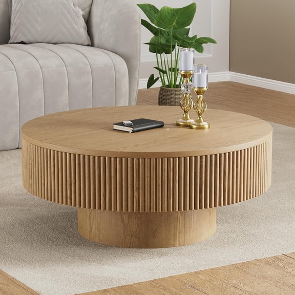 Gelloan 31.5" Round Fluted Coffee Table, Modern Wood Circle Coffee Table, Veneer Handcrafted Relief Tea Table for Living Room,Natural