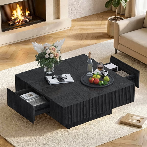 Gelloan 31.5" Square Coffee Table with Drawers,Wooden Living Room Table,Center Table with a Large Tabletop,for Small Spaces, Apartments, Living Room,Black
