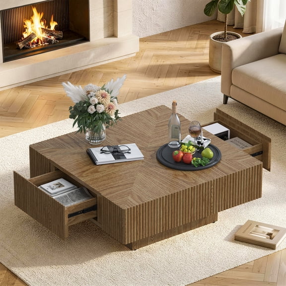 Gelloan 31.5" Square Coffee Table with Drawers,Wooden Living Room Table,Center Table with a Large Tabletop,for Small Spaces, Apartments, Living Room,Brown