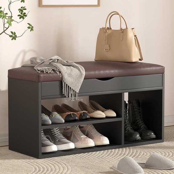 Gelloan 31" Storage Bench with Padded Cushion, Shoe Bench with Storage Space, Upholstered Entryway Bench for Living Room, 2-Tier Shoe Rack Organizer,Black
