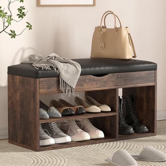 Gelloan 31" Storage Bench with Padded Cushion, Shoe Bench with Storage Space, Upholstered Entryway Bench for Living Room, 2-Tier Shoe Rack Organizer,Brown