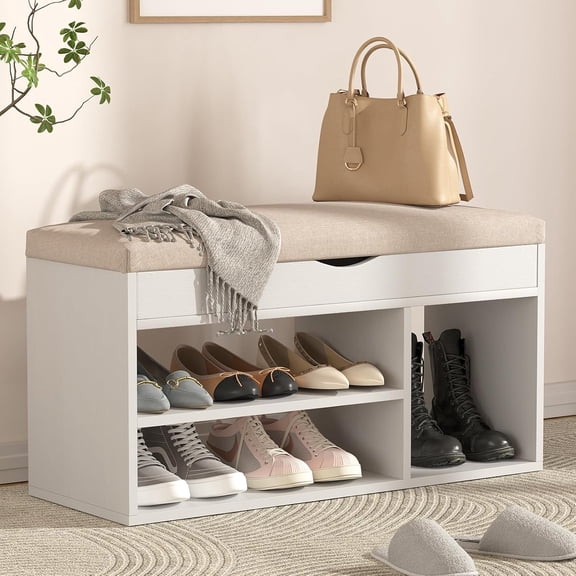 Gelloan 31" Storage Bench with Padded Cushion, Shoe Bench with Storage Space, Upholstered Entryway Bench for Living Room, 2-Tier Shoe Rack Organizer,White