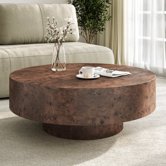 Gelloan 35" Round Coffee Table, Modern Burl Coffee Tables for Living Room 35" Mid Century Wooden Pedestal Circle Accent Center Apartment Easy Assembly, Dark Walnut Burl