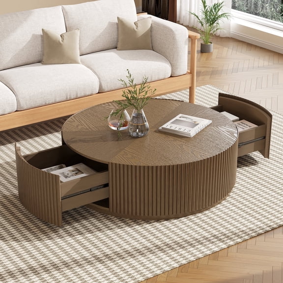 Gelloan 35" Round Coffee Table with Two Drawers,Circle Coffee Table Space-Saving Multiple Purpose for Living Room,Dining Room and Home,Brown