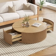 Gelloan 35 Round Coffee Table with Two Drawers Circle Coffee Table Space-Saving Multiple Purpose for Living Room Dining Room and Home,Natural
