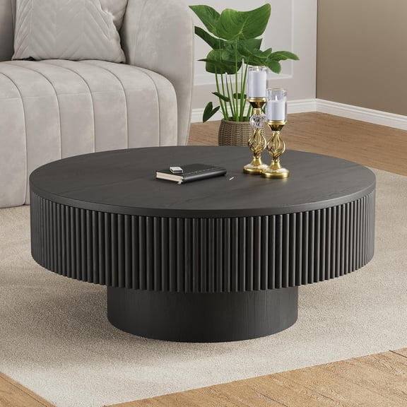 Gelloan 35" Round Fluted Coffee Table, Modern Wood Circle Coffee Table, Veneer Handcrafted Relief Tea Table for Living Room,Black