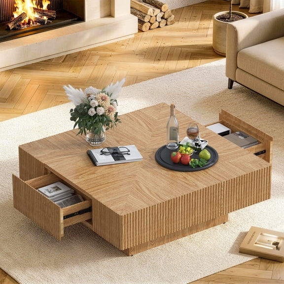 Gelloan 35" Square Coffee Table with Drawers,Wooden Living Room Table,Center Table with a Large Tabletop,for Small Spaces, Apartments, Living Room,Natural