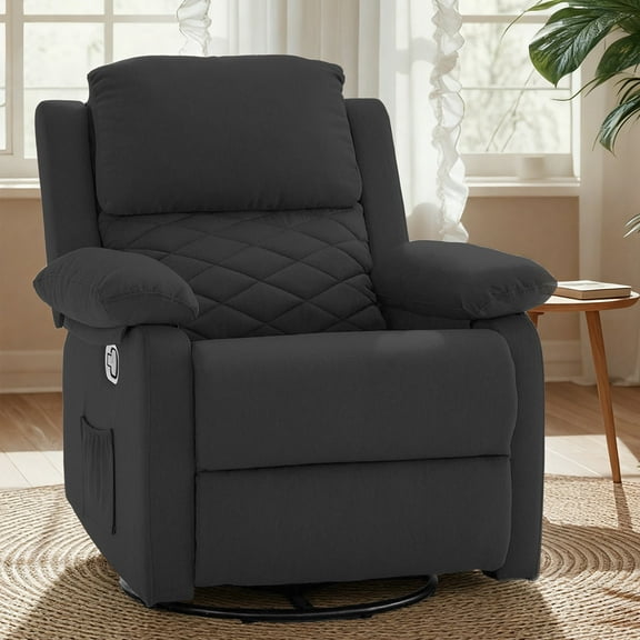 Gelloan 360° Swivel Recliner Chair, Small Rocker Chair for Small Spaces, Upholstered Fabric Glider Recliner Nursery Chair with Side Pockets,Black