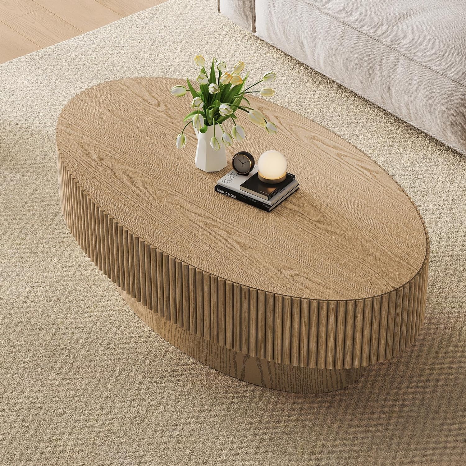 Gelloan 43.7" Olive Shape Wood Coffee Table, Modern Fluted Coffee Table for Living Room, Veneer Handcrafted Relief Tea Table with Sturdy Pedestal,Natural