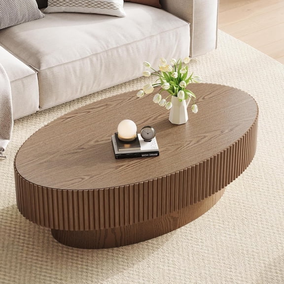 Gelloan 43.7" Olive Shape Wood Coffee Table, Modern Fluted Coffee Table for Living Room, Veneer Handcrafted Relief Tea Table with Sturdy Pedestal,Brown