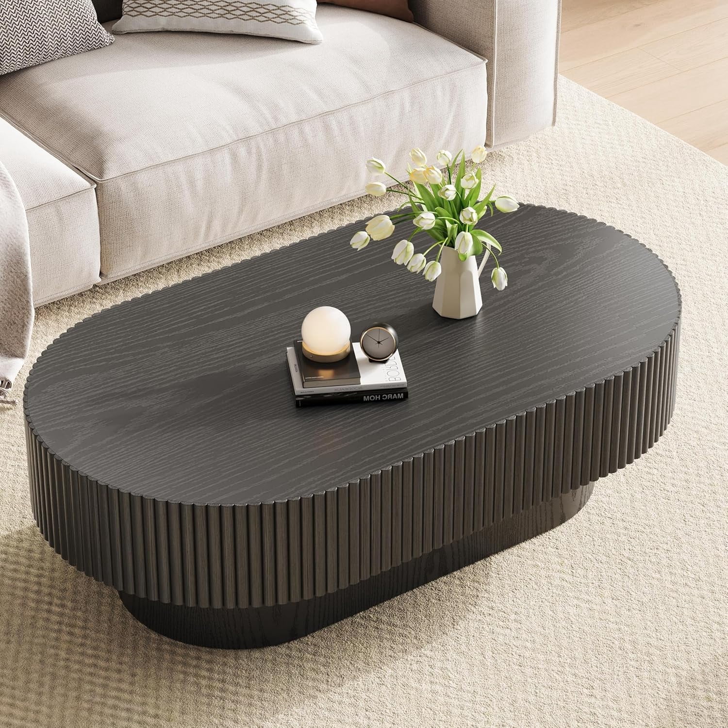 Gelloan 43.7" Oval Coffee Table, Modern Wood Fluted Coffee Table for Living Room, Relief Center Table with Sturdy Pedestal,Black