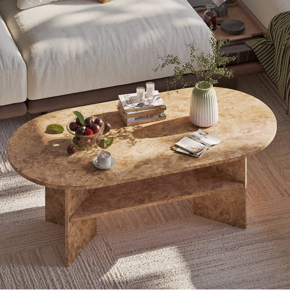 Gelloan 47" Modern Coffee Table,Oval Coffee Table,Double-layer Coffee Table with Sturdy Pedestal for Apartment,Living Room,Bedroom,Natural Burl