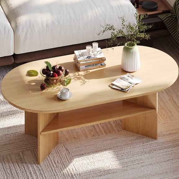 Gelloan 47" Modern Coffee Table,Oval Coffee Table,Double-layer Coffee Table with Sturdy Pedestal for Apartment,Living Room,Bedroom,Natural