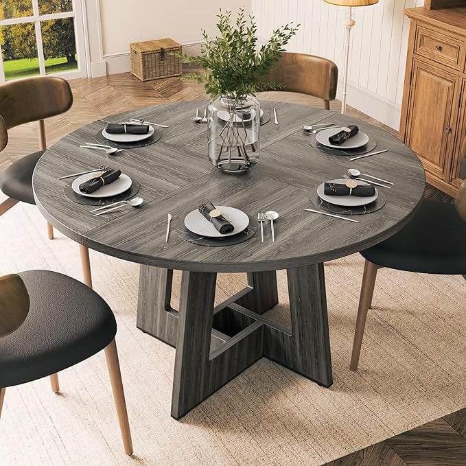 Gelloan 47" Round Dining Table for 4-6 Persons, Modern Farmhouse Wooden Kitchen Table for Dining Room Kitchen,Gray (Only Table)