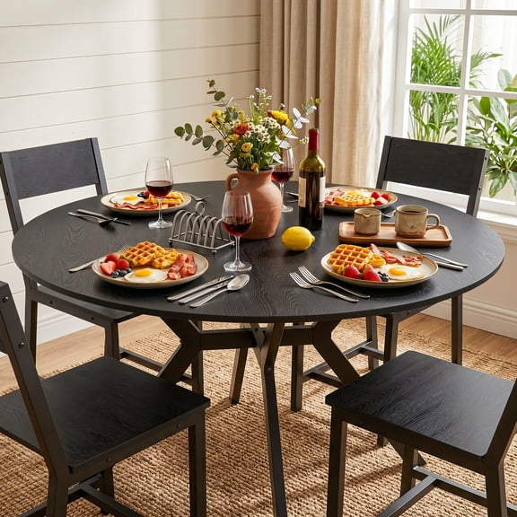Gelloan 5-Piece Dining Table Set with 4 Chairs, 47" Kitchen Table & Chairs Set for 4, Round Dinner Table with Metal Base, Perfect for Small Space, Easy Assembly,Black