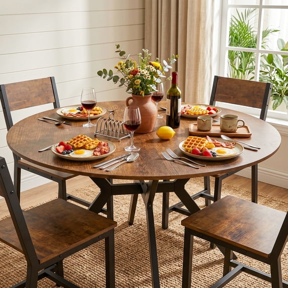 Gelloan 5-Piece Dining Table Set with 4 Chairs, 47" Kitchen Table & Chairs Set for 4, Round Dinner Table with Metal Base, Perfect for Small Space, Easy Assembly,Rustic Brown
