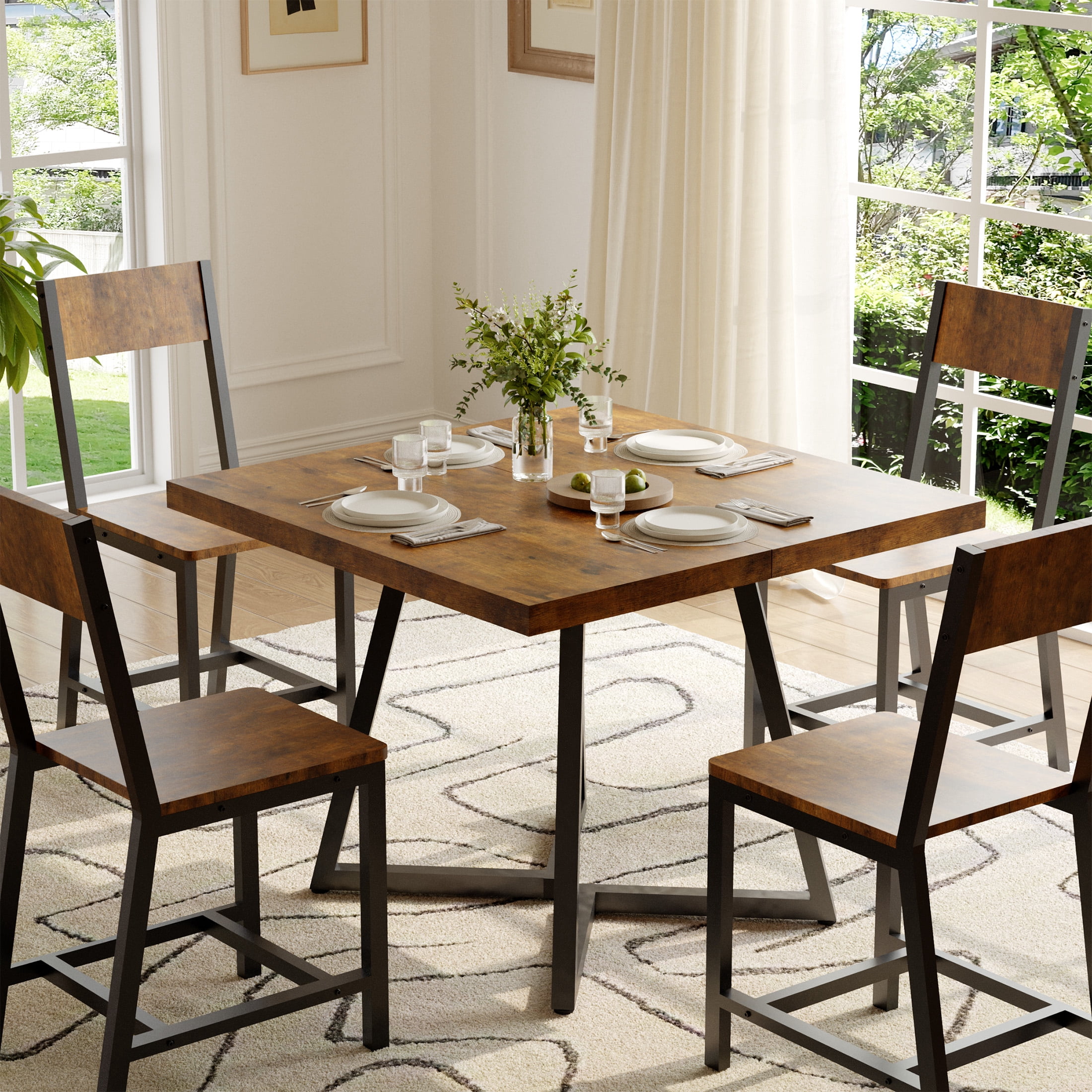 Gelloan 5-Piece Dining Table Set with 4 Chairs, Wooden Kitchen Table & Chairs Set for 4, Industrial Dinner Table with Metal Base, Perfect for Small Space, Easy Assembly,Rustic Brown