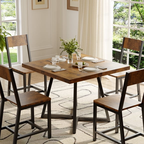 Gelloan 5-Piece Dining Table Set with 4 Chairs, Wooden Kitchen Table & Chairs Set for 4, Industrial Dinner Table with Metal Base, Perfect for Small Space, Easy Assembly,Rustic Brown