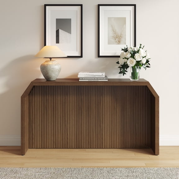 Gelloan 54.3" Wooden Fluted Long Console Table Entryway Table, Sofa Table for Entryway, Living Room, Couch, Hallway, or Office,Brown