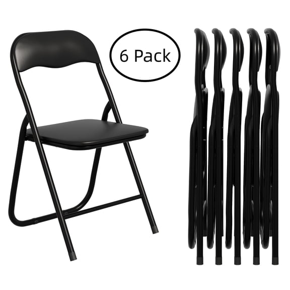 Gelloan 6 Pack Folding Chairs, Indoor Outdoor Portable Stackable Commercial Leather Padded Seat，Wedding Chairs with Metal Frame Home Office Party Use,Black